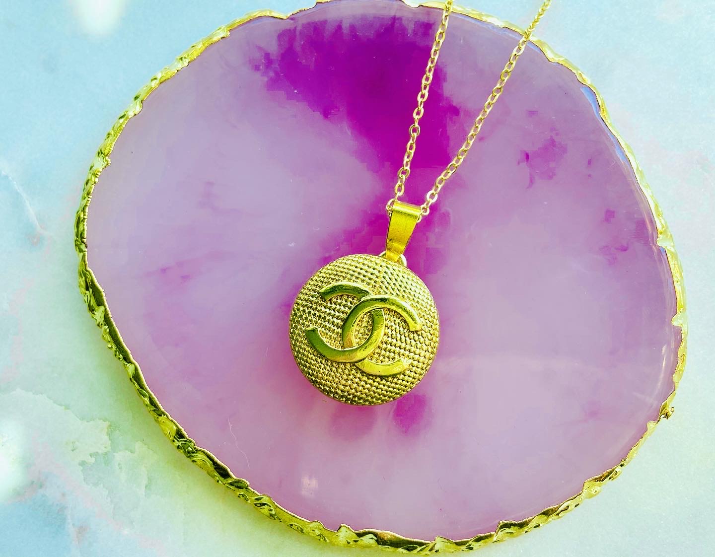 Gold Medallion CC Button Necklace - Designer Button Jewelry