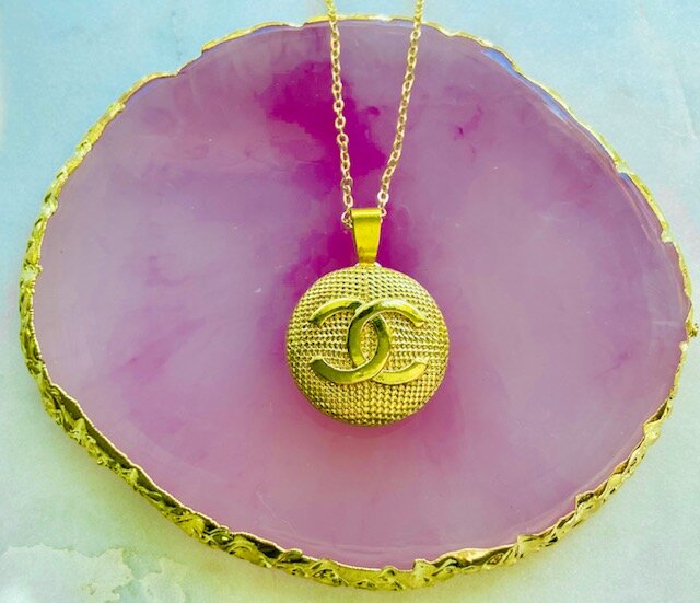 Gold Medallion CC Button Necklace - Designer Button Jewelry