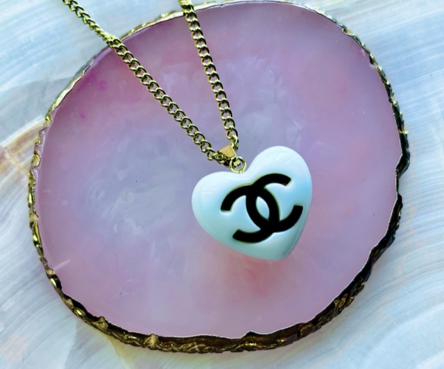 White Heart CC Button Necklaces