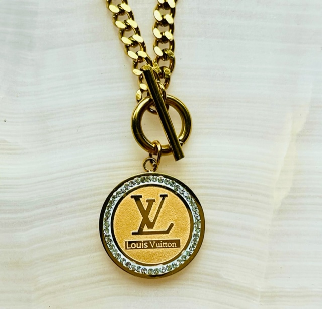 Gold & Crystal LV Button Toggle Necklace - Designer Button Jewelry