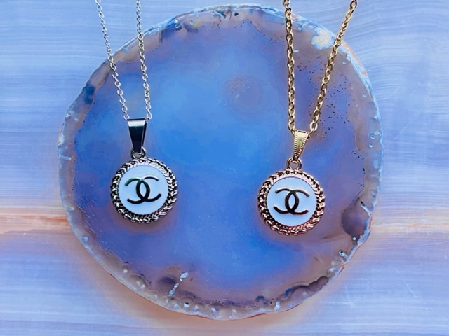 White Heart CC Button Necklaces - Designer Button Jewelry