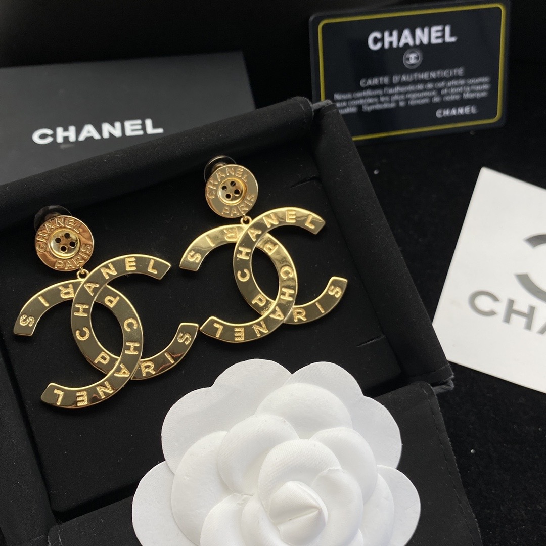 Gold CC Paris Button Earrings