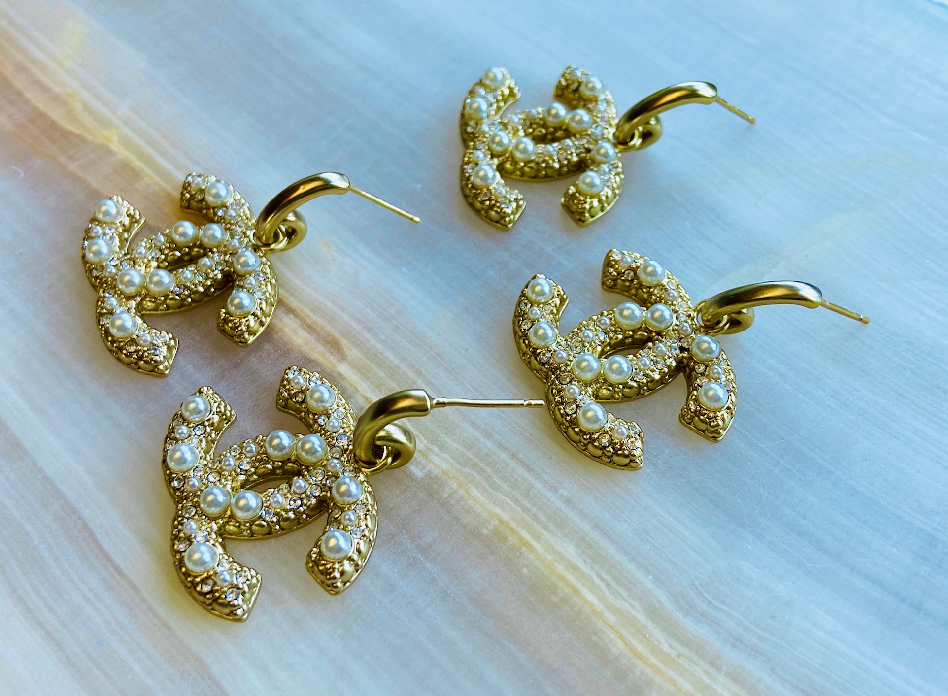 Pearl & Gold CC Crescent Earrings - Designer Button Jewelry