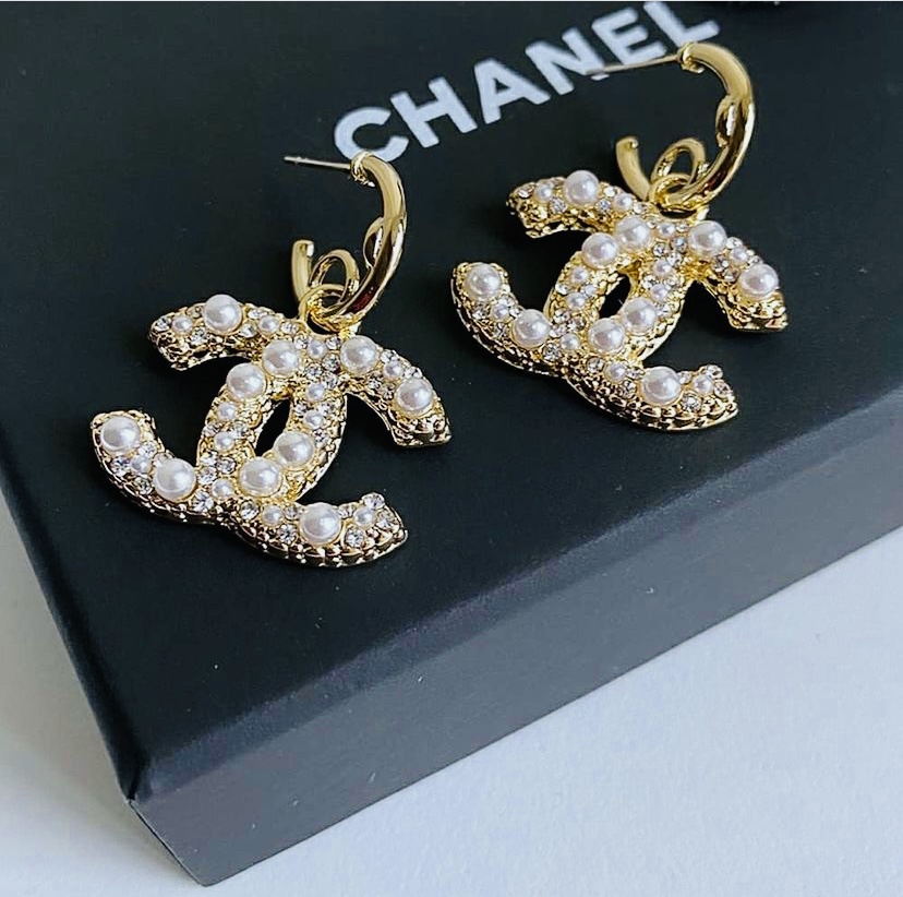 Chanel 21S XL Gold Pearl Metal CC Logo Large Dangle Drop Statement Earrings