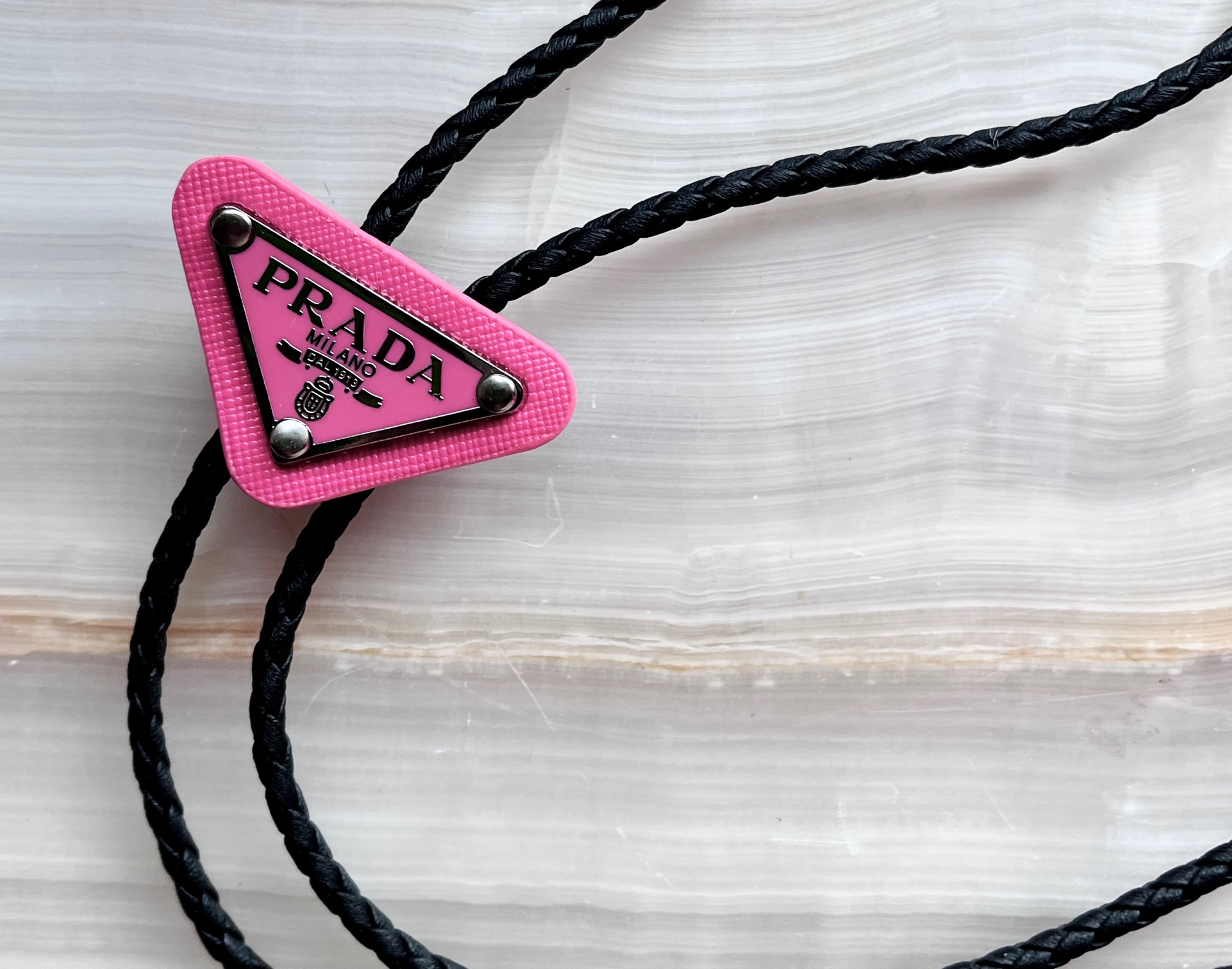 Prada Badge Bolo Necklaces - Black, White, Pink - Designer Button