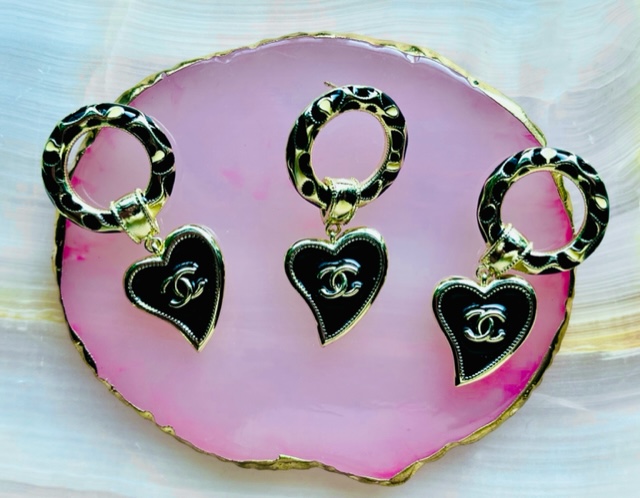 Black Heart CC Button Hoop Earrings - Designer Button Jewelry