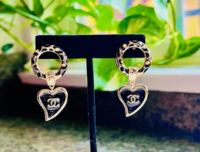 Black Heart CC Button Hoop Earrings - Designer Button Jewelry