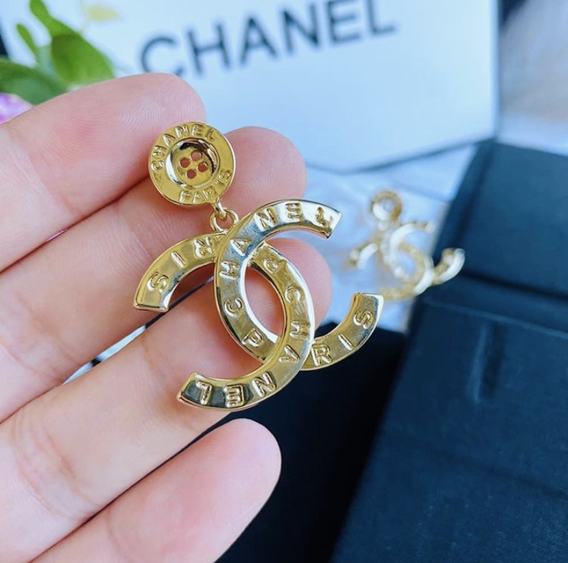 Gold CC Paris Button Earrings - Designer Button Jewelry