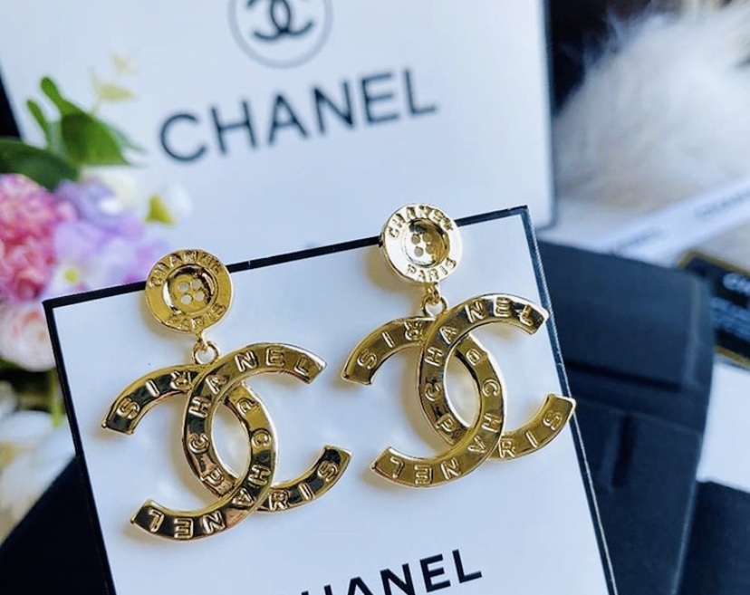 Gold CC Paris Button Earrings