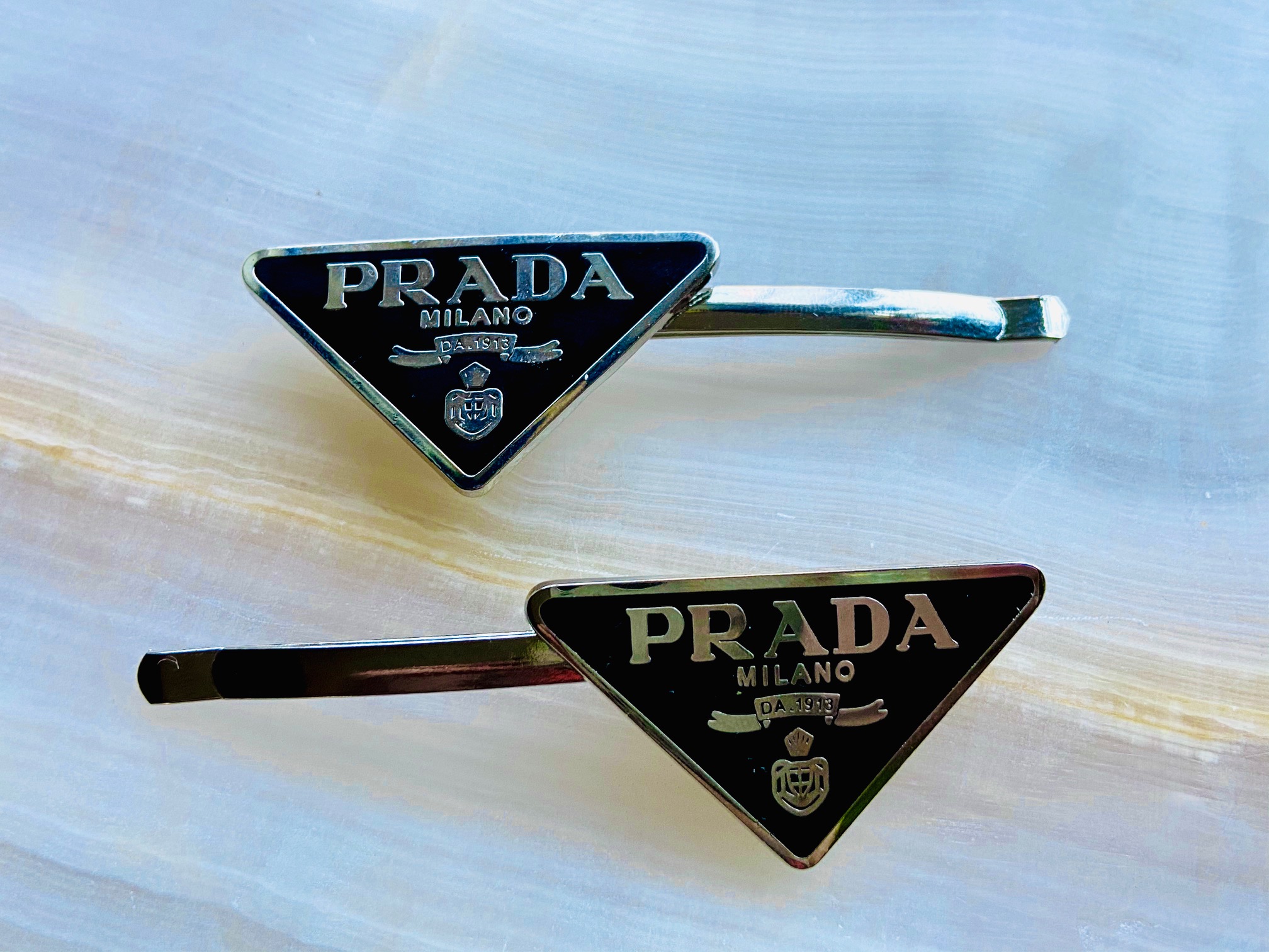 Prada Badge Hair Clips or Ties - Black, White, Pink
