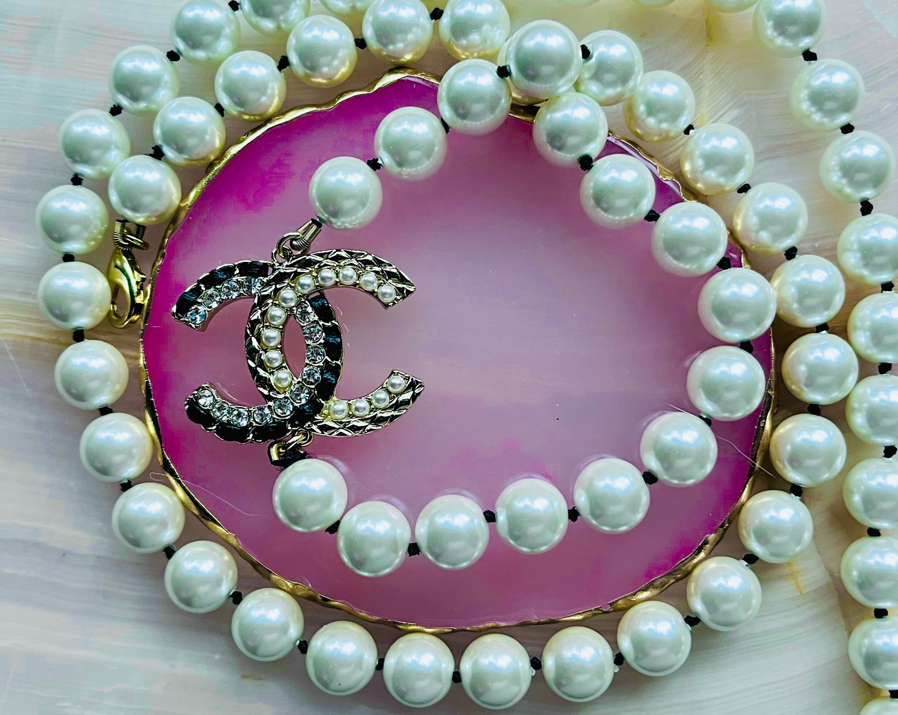 B&W CC Pearl Necklaces - Designer Button Jewelry