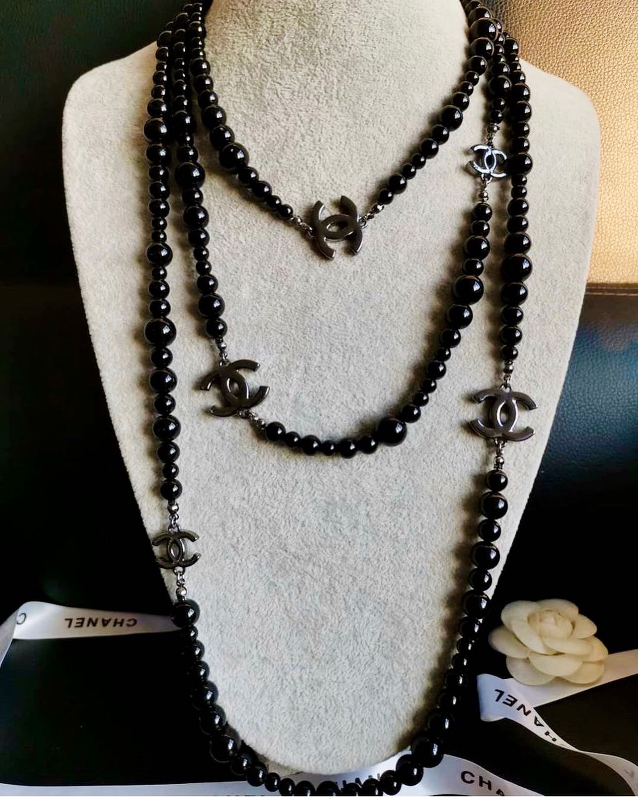 Black CC Button Pearl Necklaces - Designer Button Jewelry