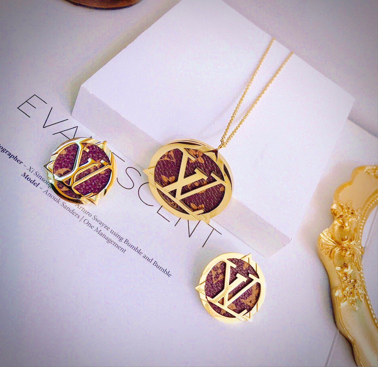 LV Gold Logo Necklaces & Earrings - Designer Button Jewelry