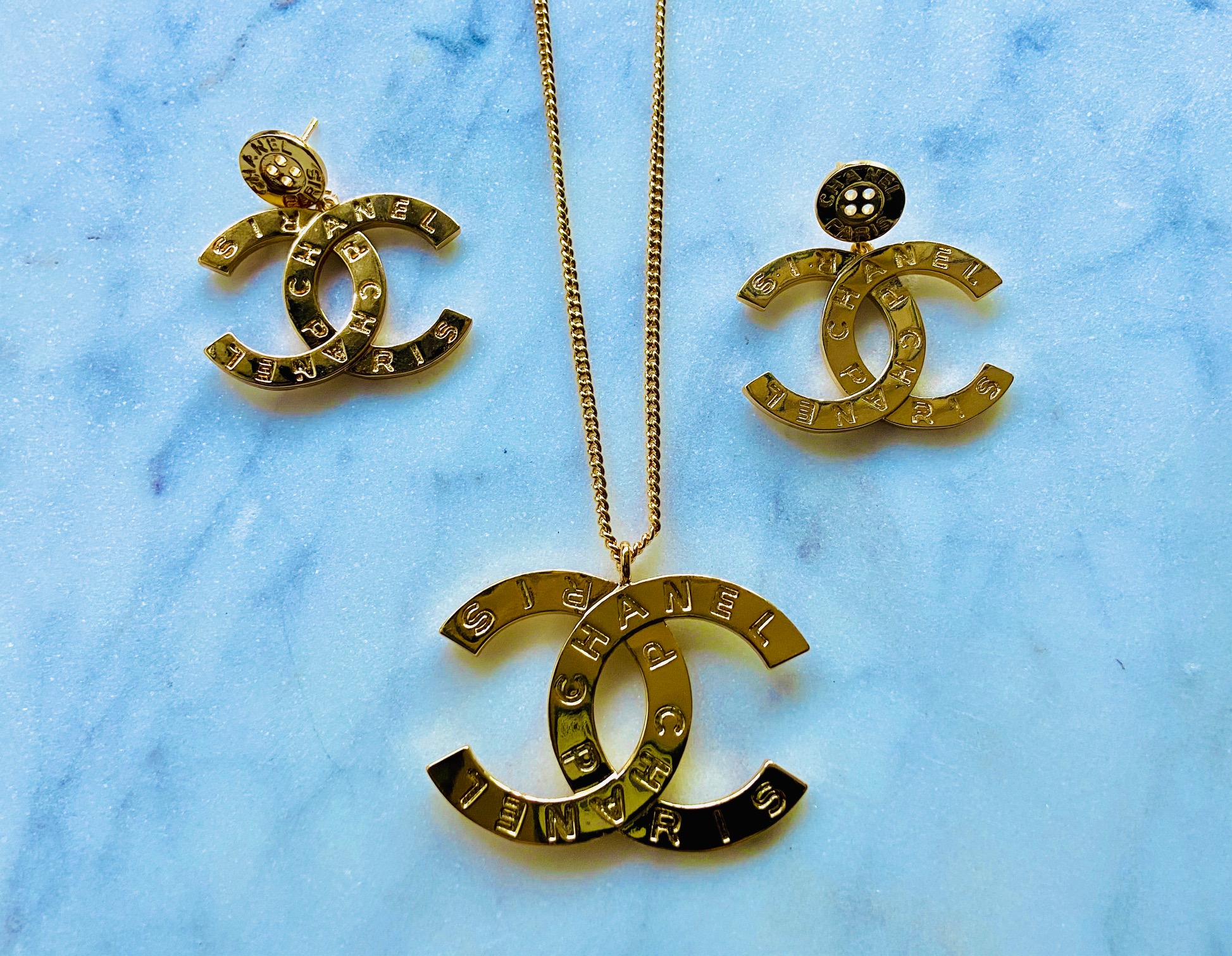 Large Gold CC Logo Necklaces - Designer Button Jewelry