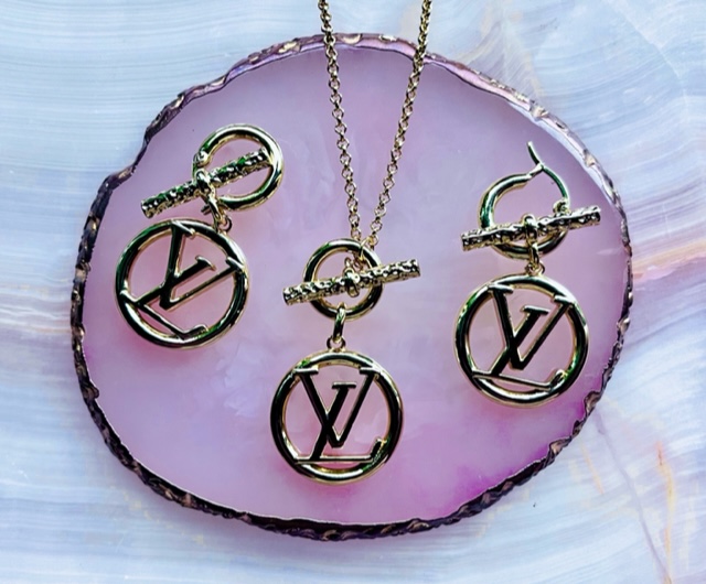 LV Gold Button Necklace + Earrings - Designer Button Jewelry