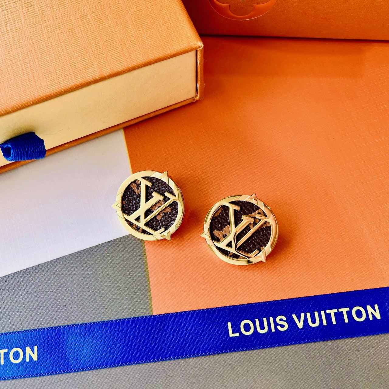 Authentic Louis Vuitton Gold Monogram Circle LV Logo Earrings