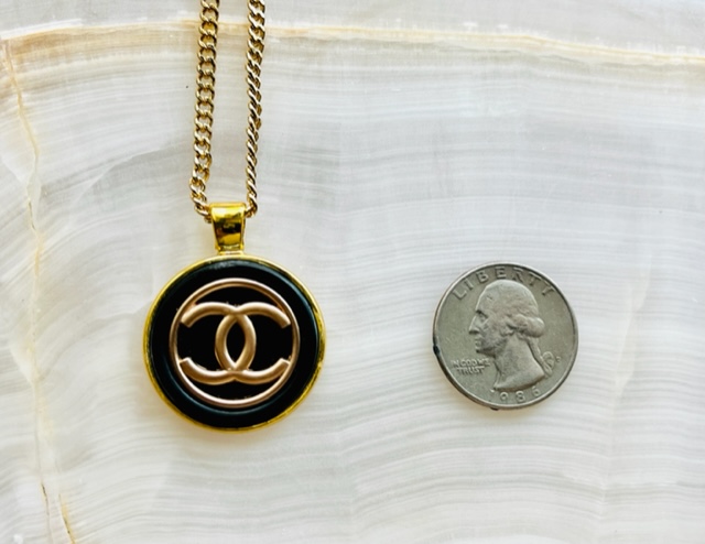 Black & Gold CC Button Necklace - Designer Button Jewelry