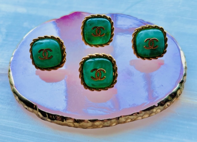 Green & Gold CC Button Earrings - Designer Button Jewelry